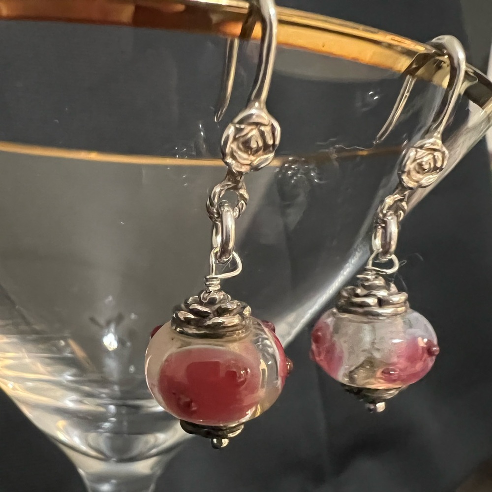 Vintage Sterling silver glass bead hand painted earrings